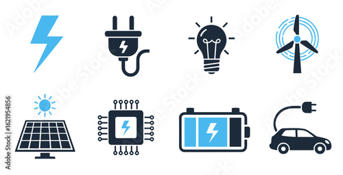 Energy and power vector icons set including electricity battery renewable solar and fuel symbols