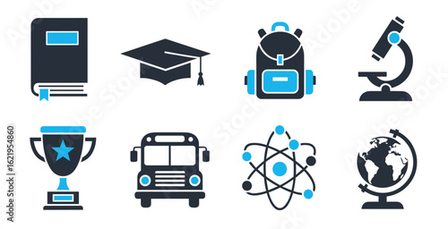 Education school vector icons pack with book graduate hat pencil classroom and learning symbols