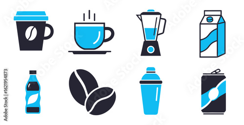 Drinks and beverage vector icons set featuring glass bottle cocktail juice bar and party symbols