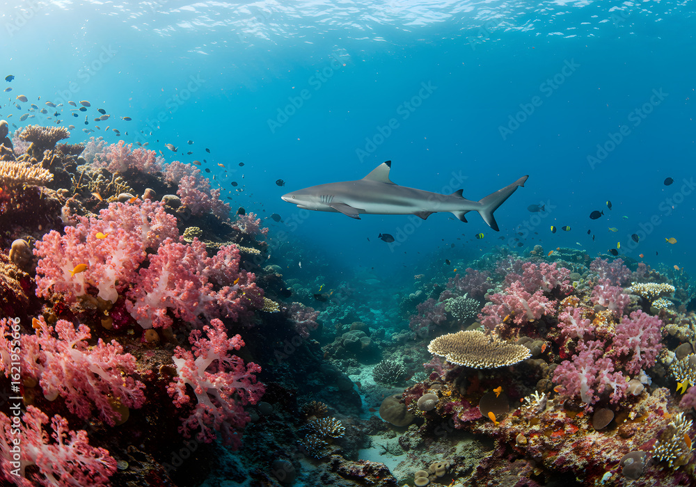 Obraz premium Shark and coral reef underwater scene
