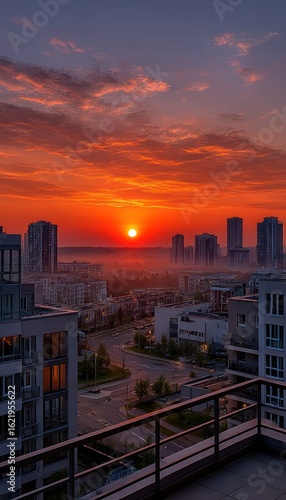 Sunrise over cityscape from rooftop