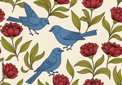 Elegant floral pattern featuring charming bluebirds and deep red blossoms for a classic wallpaper design