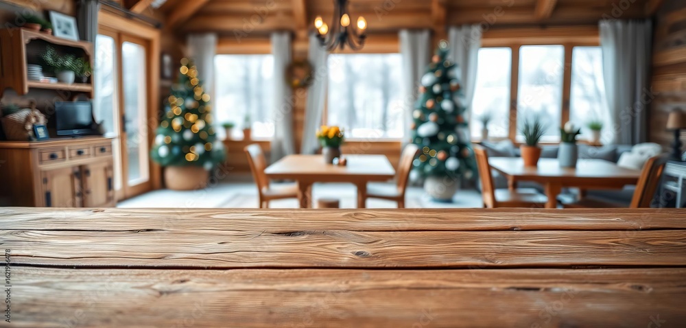 Fototapeta premium Empty rustic brown wooden tabletop against a blurred winter home interior, home, photo