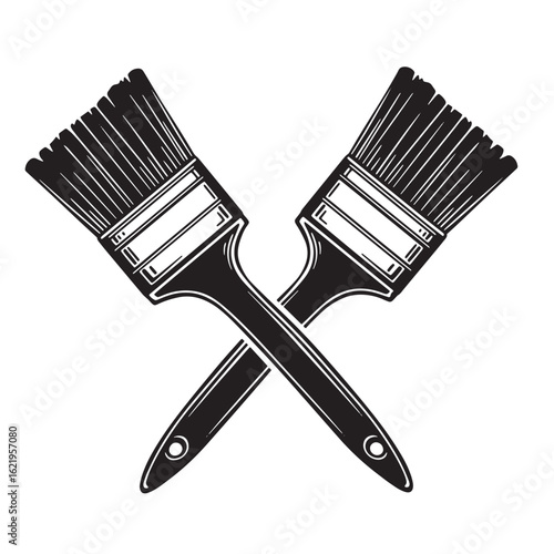 Crossed paint brushes illustration in a retro engraving style with white background