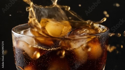 Refreshing Glass of Cola with Ice Cubes and Bubbles Against Black Background