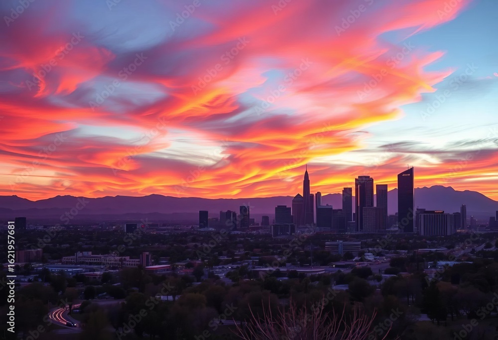 Fototapeta premium Fiery orange and purple hues paint the Phoenix skyline at sunset, image, rays
