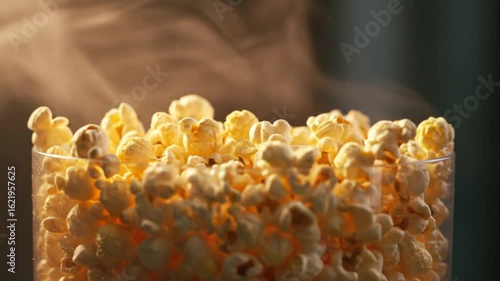 Steaming Popcorn Overflowing from Glass Container, Close-Up Video