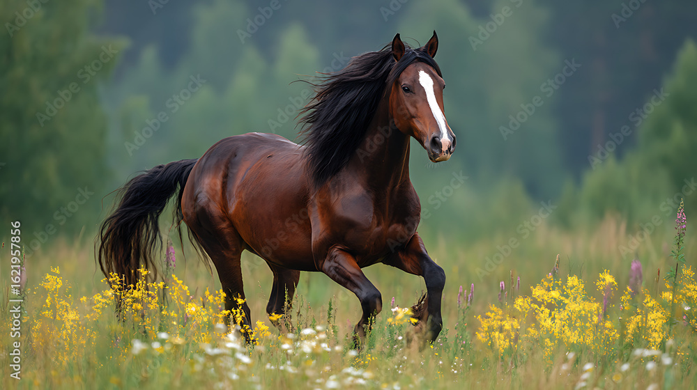 Obraz premium Majestic brown horse galloping through vibrant wildflower meadow under soft morning light