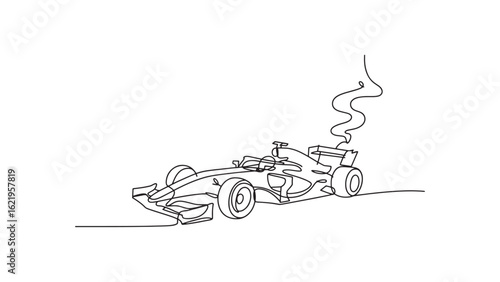 Dynamic Formula One Racing Car Continuous Line Art with Smoke on Transparent Background