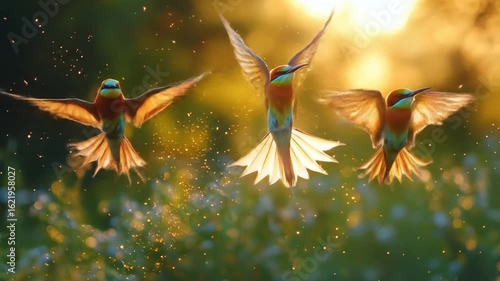 Three European Bee-Eaters in Flight with Wings Spread Wide Against a Golden Sunset