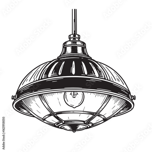 Detailed hand drawn illustration of a vintage industrial style hanging light fixture