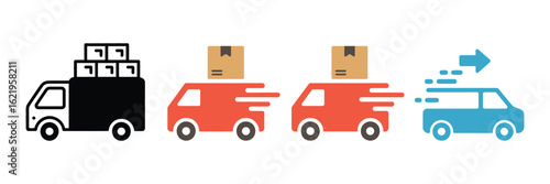 Delivery Van Icons, Multi-Style Vector Set Featuring Courier Vehicles, Transport Trucks, and Shipping Vans for E-commerce, Business Logistics, UI Design, and Marketing Materials