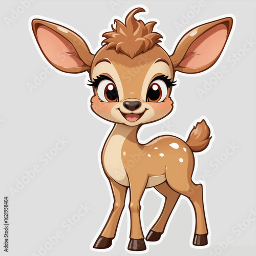 Adorable cartoon fawn with large expressive eyes, perky ears, and a playful smile, standing on a light gray background.