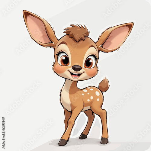 Adorable cartoon fawn with large ears and spotted fur, standing and looking forward with a cheerful expression.