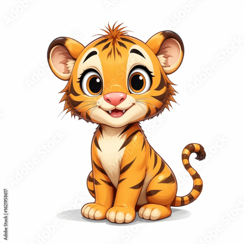 An adorable animated baby tiger cub with bright eyes and a sweet smile sits upright on a white background.