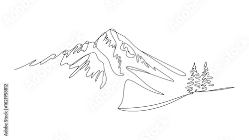 Continuous Line Drawing of Mountain Landscape with Trees Minimalist Vector Illustration