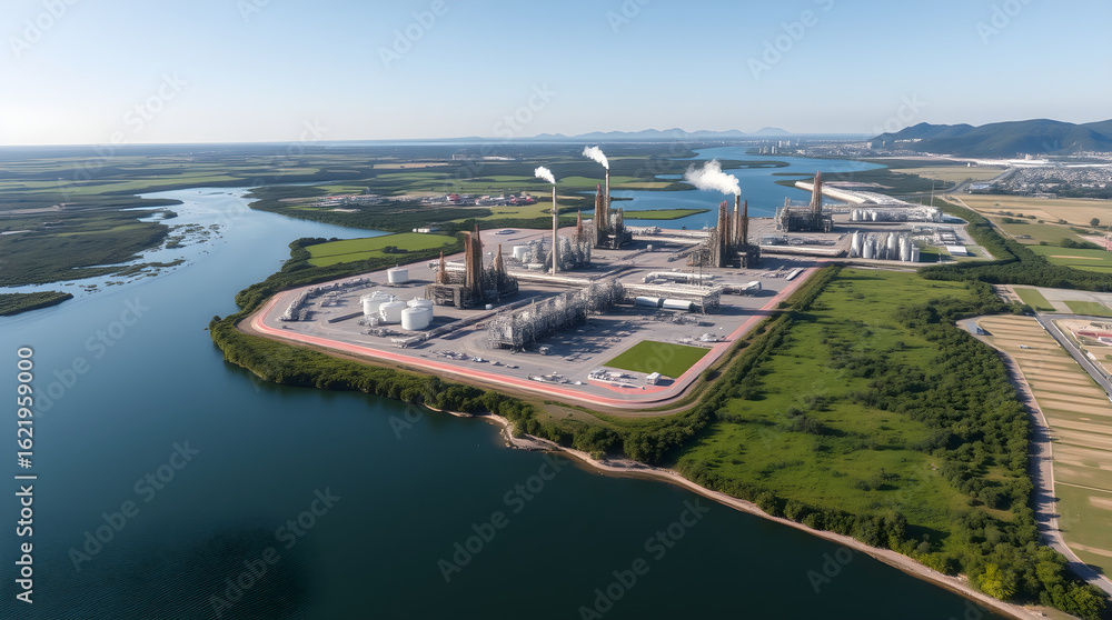 Fototapeta premium Petrochemical plant emitting smoke over river and green landscape, aerial view