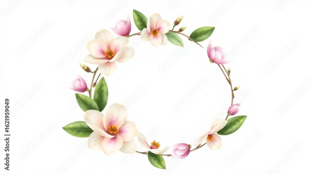Fototapeta premium A half-circle magnolia wreath in vintage botanical style, isolated on white. Clean, minimal, realistic, and elegant design.