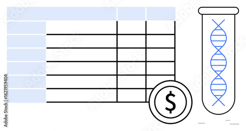 Table with organized data, DNA strand in test tube, and dollar sign coin. Ideal for biotechnology, medical research, data analysis, innovation, finance laboratory healthcare. Simple flat metaphor