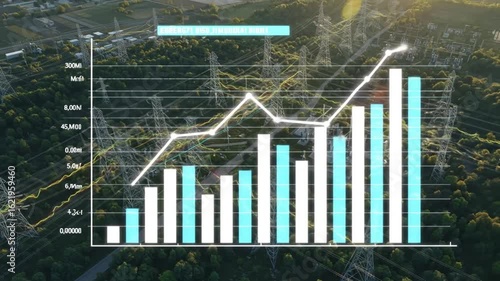 Aerial View of Power Grid with Rising Energy Consumption Graph