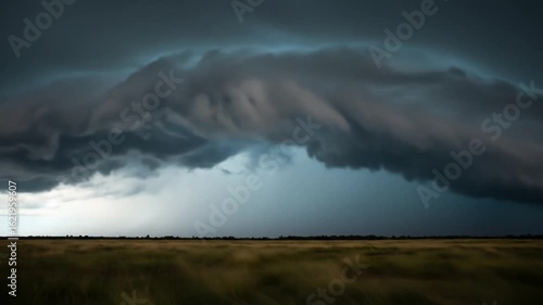 Approaching Storm Cell Over Prairie Grassland, Dark Clouds and Rain Showers
