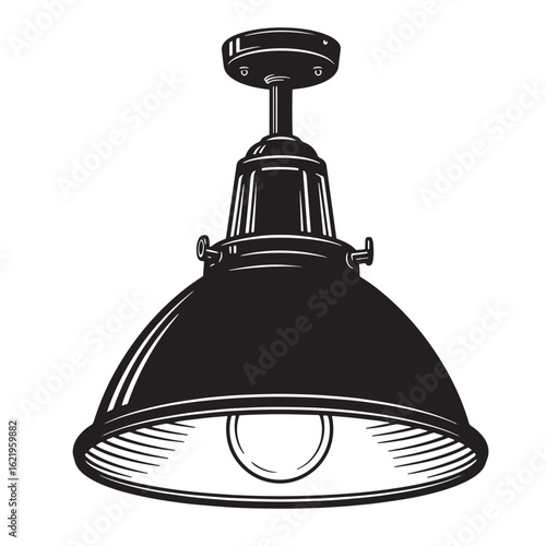 Vintage industrial pendant light fixture vector illustration in black and white for design projects