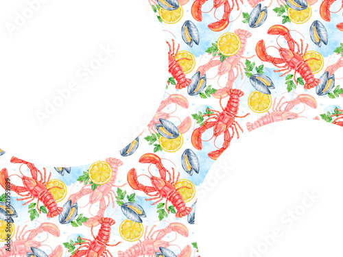 watercolor seafood frame with lobster, mussel, shrimp, lemon and parsley on white background. Bold marine pattern forms circular border. Central space left for text. Ideal for menus or culinary design