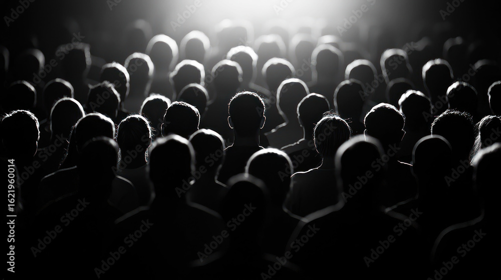 Fototapeta premium A crowd of people standing in a dark room with a spotlight shining on them.