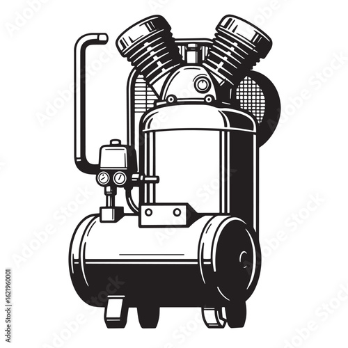 Vintage style black and white vector illustration of an industrial air compressor machine