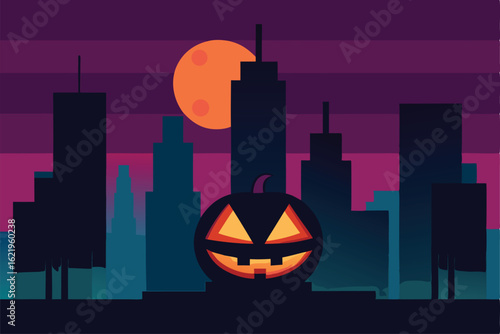 neon jack o  lanterns on city billboards  .eps