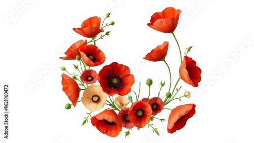 Fototapeta Naklejka Na Ścianę i Meble -  Crescent moon floral arrangement of poppies, light sparkles, folk art inspired, on white, minimal, realistic, elegant. Suitable for wedding designs.