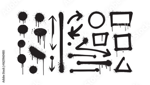Graffiti Spray Paint Elements Collection Vector Set with Arrows, Circles, and Square Shapes