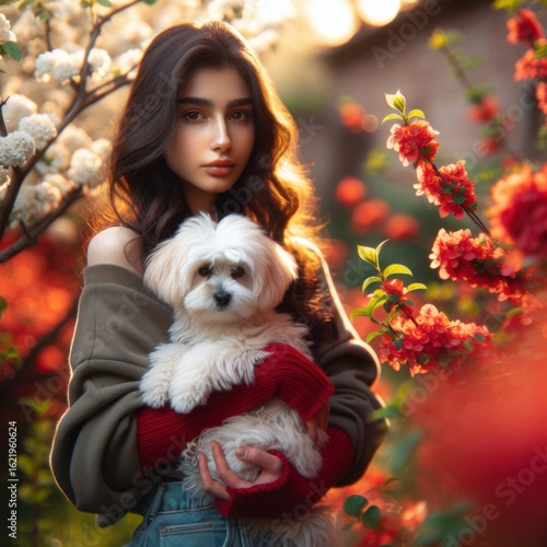 A Young Woman Holds a Fluffy White Dog in a Garden