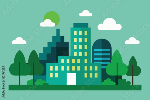 green city with solar powered buildings and trees .eps