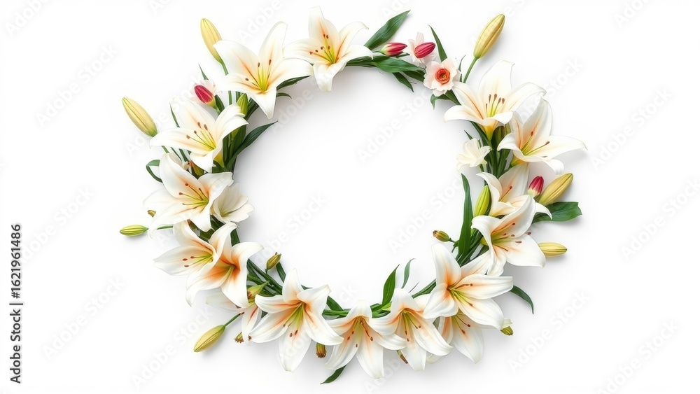 Fototapeta premium Folk art lily wreath on white. Minimal, clean, realistic, elegant. Ideal for wedding cards, invites, websites, or prints.