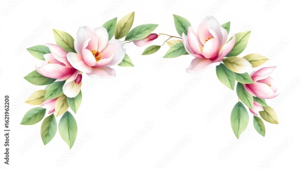 Fototapeta premium Watercolor magnolia wreath, half-circle, hand-painted leaves, isolated on white. Minimal, realistic, elegant design for weddings or invitations.