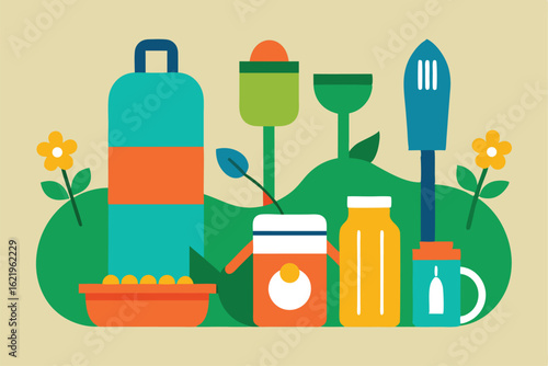 set of gardening tools and flowers