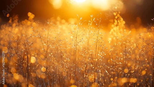 Golden Dewdrops on Wild Grass at Sunrise