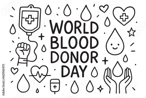 World Blood Donor Day vector doodle background in black and white, showing drops of blood, IV bags, and health icons all outlined with heavy black strokes.


