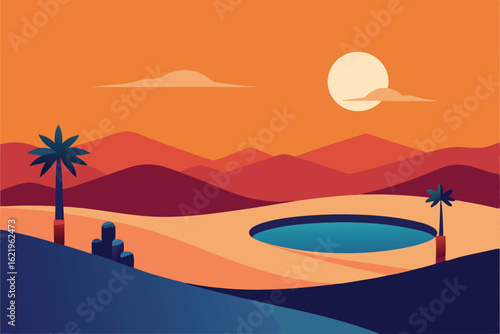 desert oasis illustration with cactus  palm trees .eps