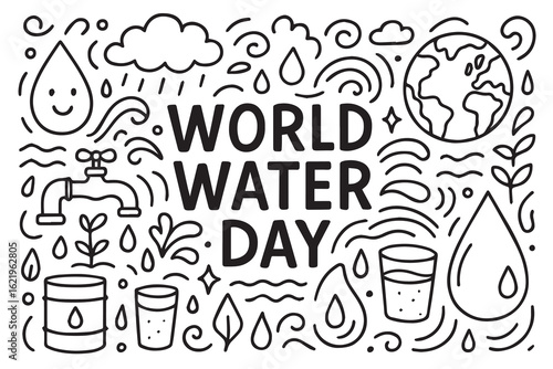 A hand drawn black and white vector doodle background for World Water Day, including rivers, bottles, taps, and global water symbols outlined in solid black lines.