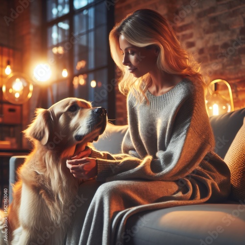 Cozy Evening with a Beloved Canine Companion Enjoying Gentle Affection and Warm Ambiance