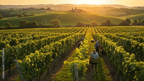 Golden Hour Grape Harvest: Rolling Hills Vineyard Workers