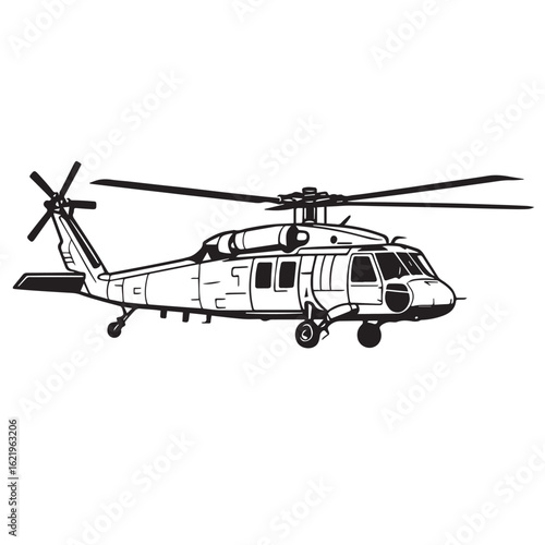 Black and white vector illustration of a helicopter, showing rotor blades, cockpit, landing skids, and tail fin, all outlined clearly with thick bold black ink lines.

