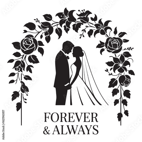 Romantic silhouette of a newlywed couple under a floral arch