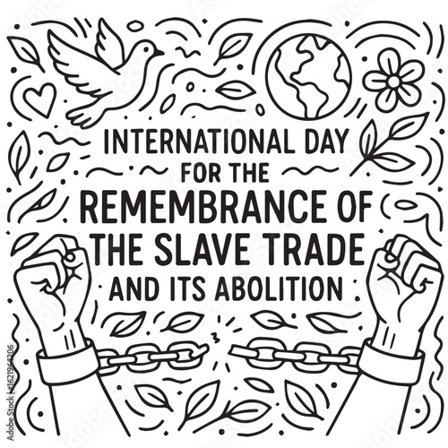 A black and white doodle style vector background for remembering the slave trade and its abolition, showing strength, memory, and liberation symbols outlined with solid black linework.