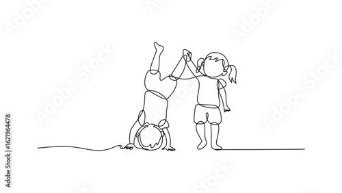 Playful Children Continuous Line Art Drawing of Girl Doing Handstand and Friend High Fiving