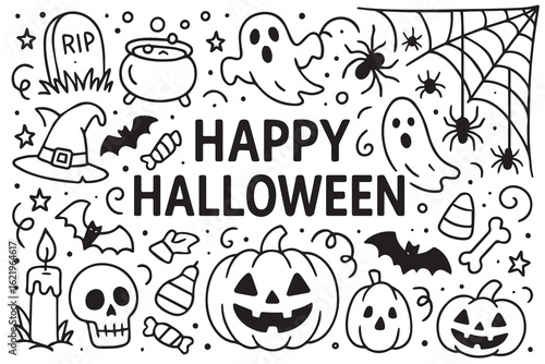 Black and white vector doodle background for Happy Halloween, featuring pumpkins, ghosts, bats, spiderwebs, and creepy faces outlined clearly with bold and clean black lines.

