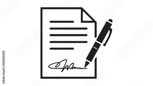 Signed Agreement Document with Pen Icon for Business Contract and Legal Paperwork on Clear