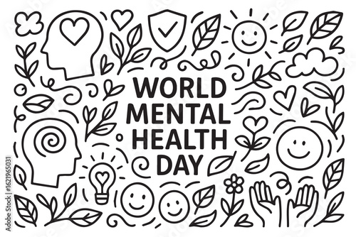 Celebrate World Mental Health Day with a monochrome doodle vector showing peaceful icons, thought bubbles, ribbons, and emotional symbols outlined clearly in strong black outlines.

